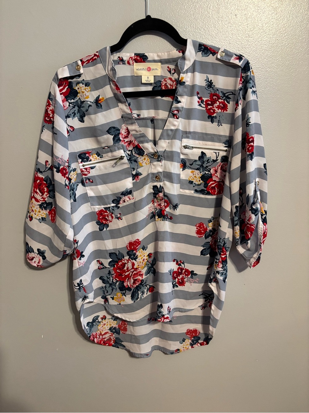 Wishful Park Gray & White Striped Blouse with Red Floral Print Size Medium